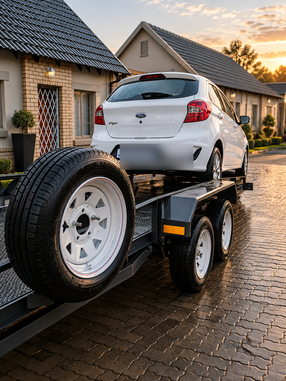 Vehicle secured on a G40 recovery trailer at sunrise